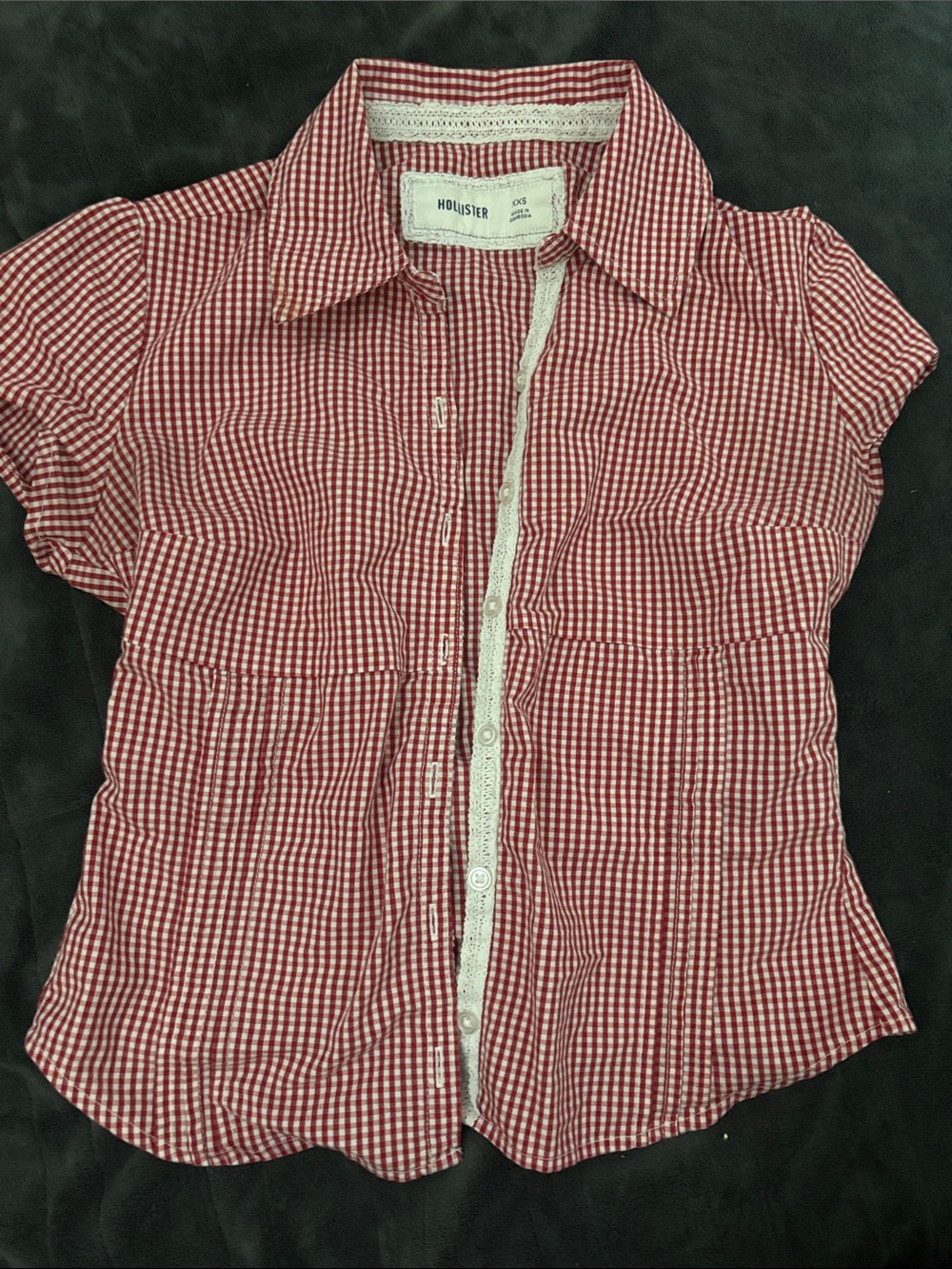 Hollister Red Gingham Short-Sleeve Button Shirt with Lace Trim